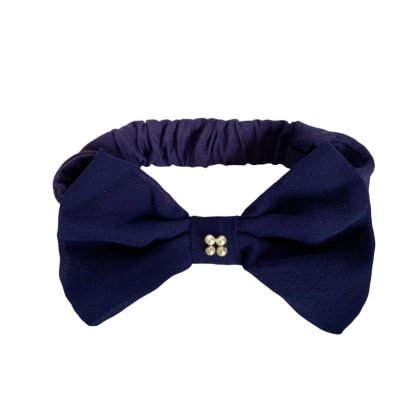 Fascia blu in cotone con fiocco seta e perline