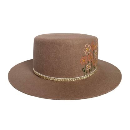 Cappello feltro tortora cupola piatta con fiocco, catenella e disegno fiori - immagine 2