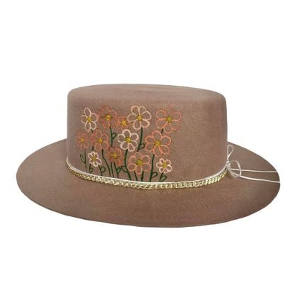 Cappello feltro tortora cupola piatta con fiocco, catenella e disegno fiori