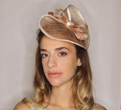 Fascinator Paglia Naturale Nude con disco, fiocco e cerchietto - immagine 5