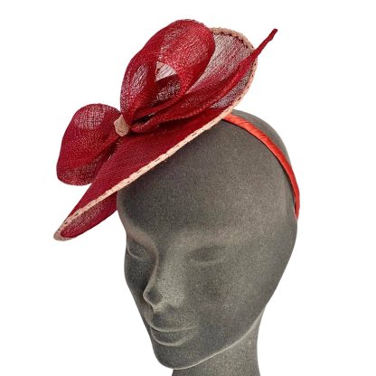 Fascinator Paglia Naturale Bordeaux con disco, fiocco e cerchietto - immagine 4