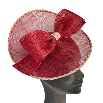 Fascinator Paglia Naturale Bordeaux con disco, fiocco e cerchietto - immagine 3