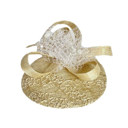 Fascinator Paglia Naturale Panna con piattino, decorazione e veletta