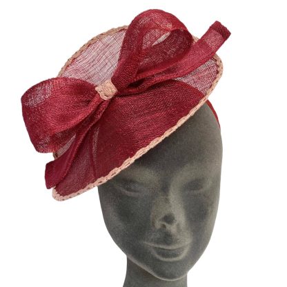 Fascinator Paglia Naturale Bordeaux con disco, fiocco e cerchietto - immagine 2