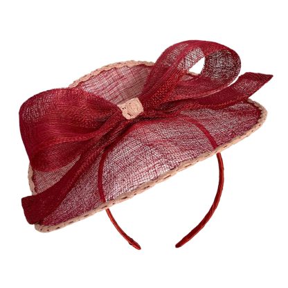 Fascinator Paglia Naturale Bordeaux con disco, fiocco e cerchietto