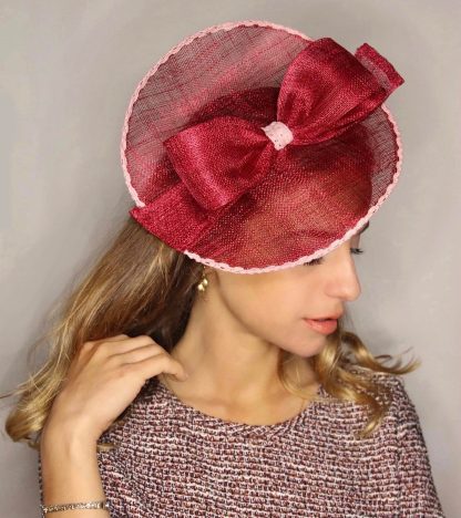 Fascinator Paglia Naturale Bordeaux con disco, fiocco e cerchietto - immagine 5