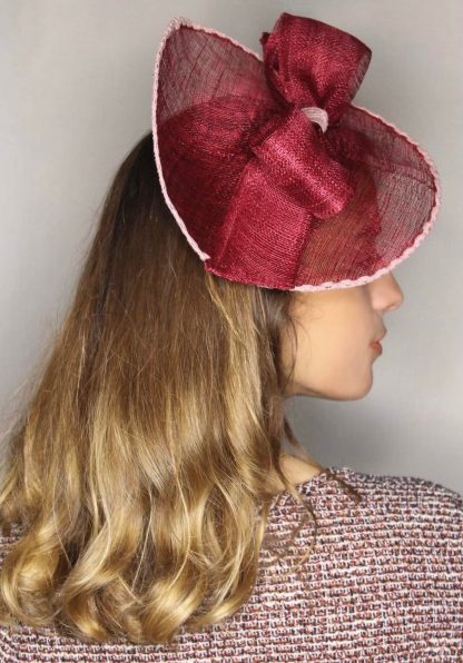 Fascinator Paglia Naturale Bordeaux con disco, fiocco e cerchietto - immagine 7