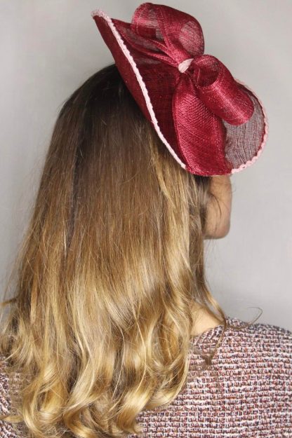 Fascinator Paglia Naturale Bordeaux con disco, fiocco e cerchietto - immagine 8