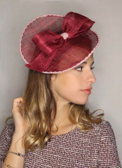 Fascinator Paglia Naturale Bordeaux con disco, fiocco e cerchietto - immagine 6