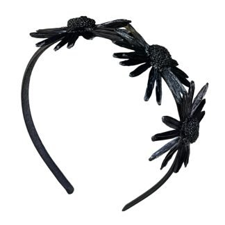 Cerchietto Flower in raso e rafia nero